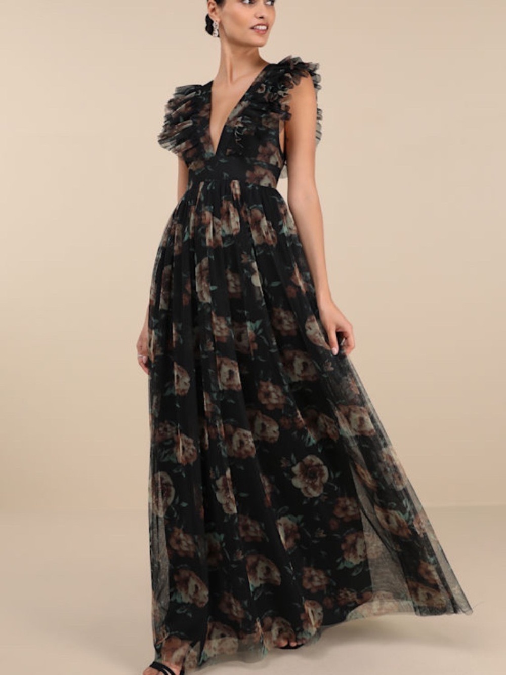 Lulus Simply Delighted Black Floral Mesh Ruffled Backless Maxi Dress - Size XL